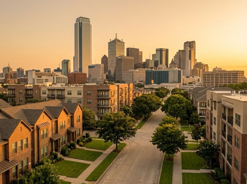Dallas skyline and townhomes viewed from a metro-area neighborhood