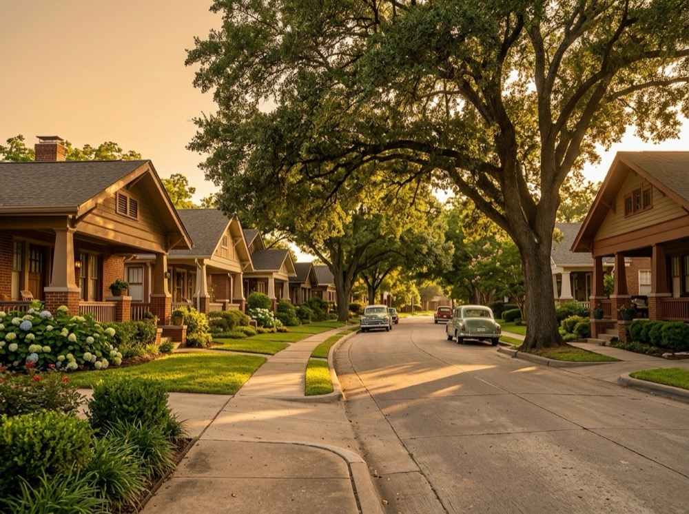 Historic bungalow-lined residential street in Oak Cliff, Dallas