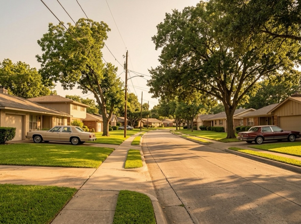 Suburban street of ranch-style homes in a southwest Dallas suburb