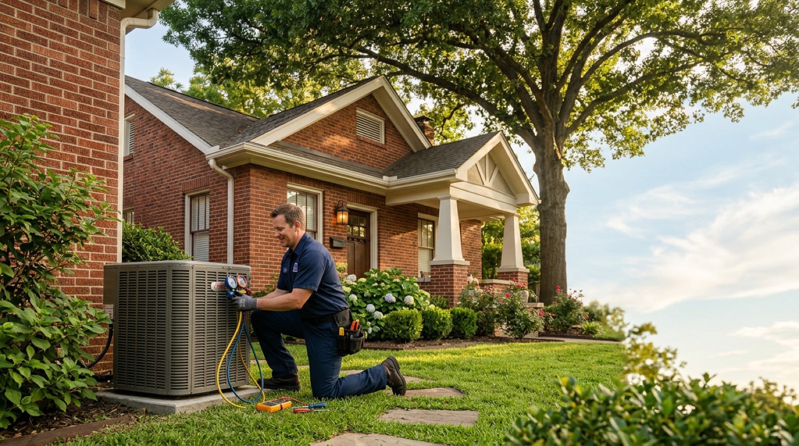 HVAC technician arriving at an Oak Cliff bungalow to perform a repair
